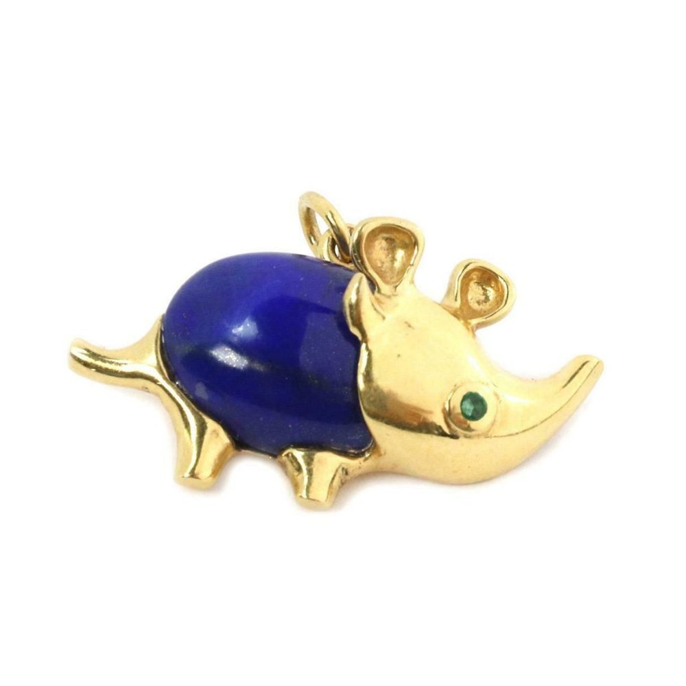 Vintage Lapis & Emerald 18k Yellow Gold Rhino Pin